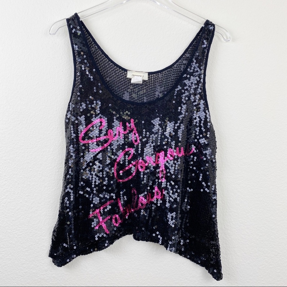 “SEXY GORGEOUS FABULOUS” Black Sequin Crop Top M